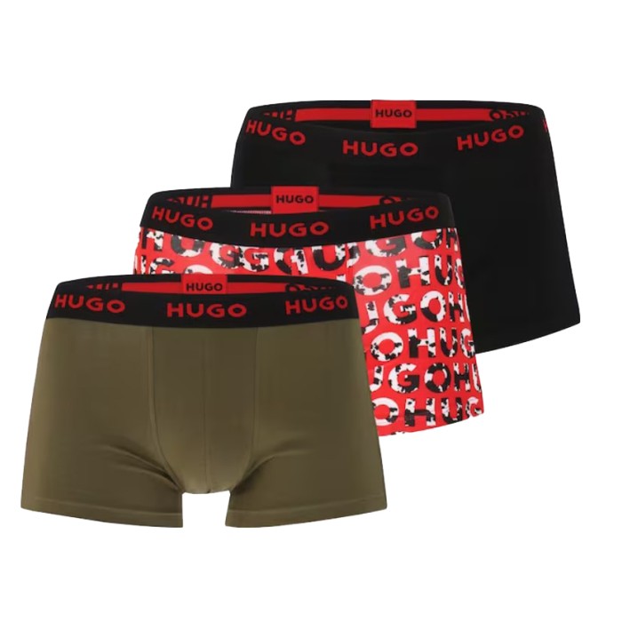 Hugo ανδρικά βαμβακερά  3pack boxers σε τρία χρώματα (μαύρο,print, χακί) με κόκκινο λάστιχο 50480170-306